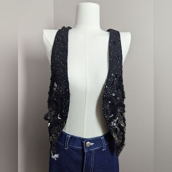 Theyskens' Theory "Jiguo" Embellished Linen Vest – Statement Black Beaded Vest – - Picture 4 of 11
